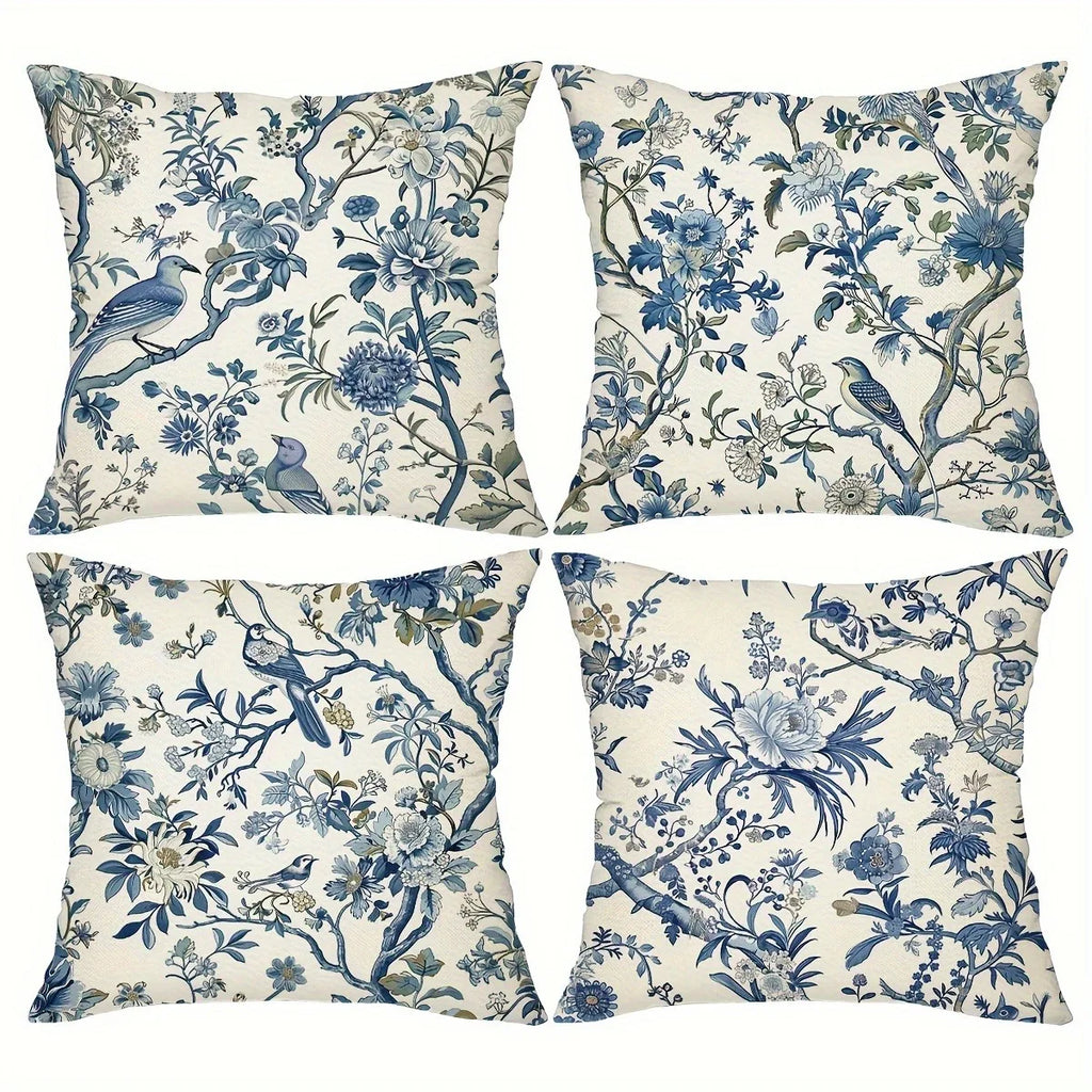 Pack of 2 blue floral bird pattern vintage printed cushion covers living room sofa bedroom room home decoration