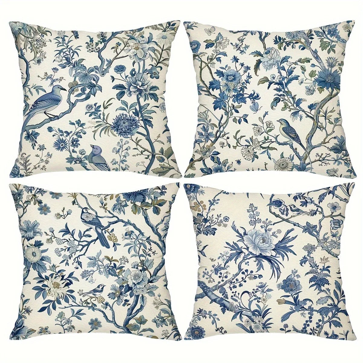 Pack of 2 blue floral bird pattern vintage printed cushion covers living room sofa bedroom room home decoration