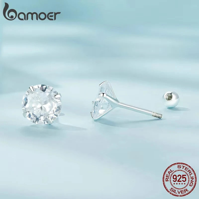 BAMOER Platinum Plated Classic Round CZ Stud Earrings Prongs Set 925 Sterling Silver Hypoallergenic Elegant Jewellry 3mm 5mm 7mm