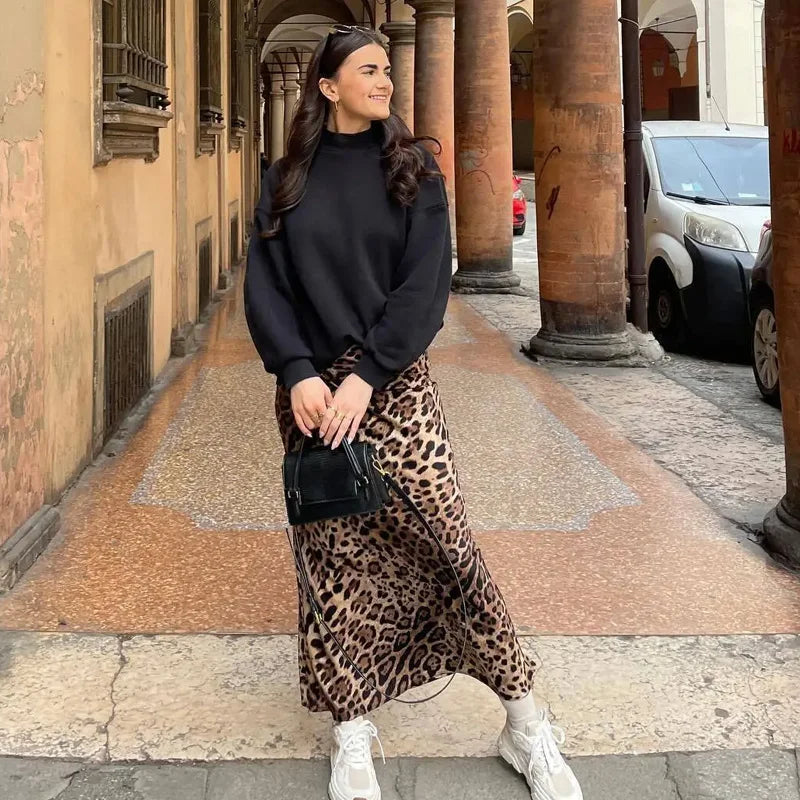 Leopard Print Women's Midi Skirt High Waist Stylish Long Skirts For Women Fall Vintage Satin Skirt Woman Elegant Skirts