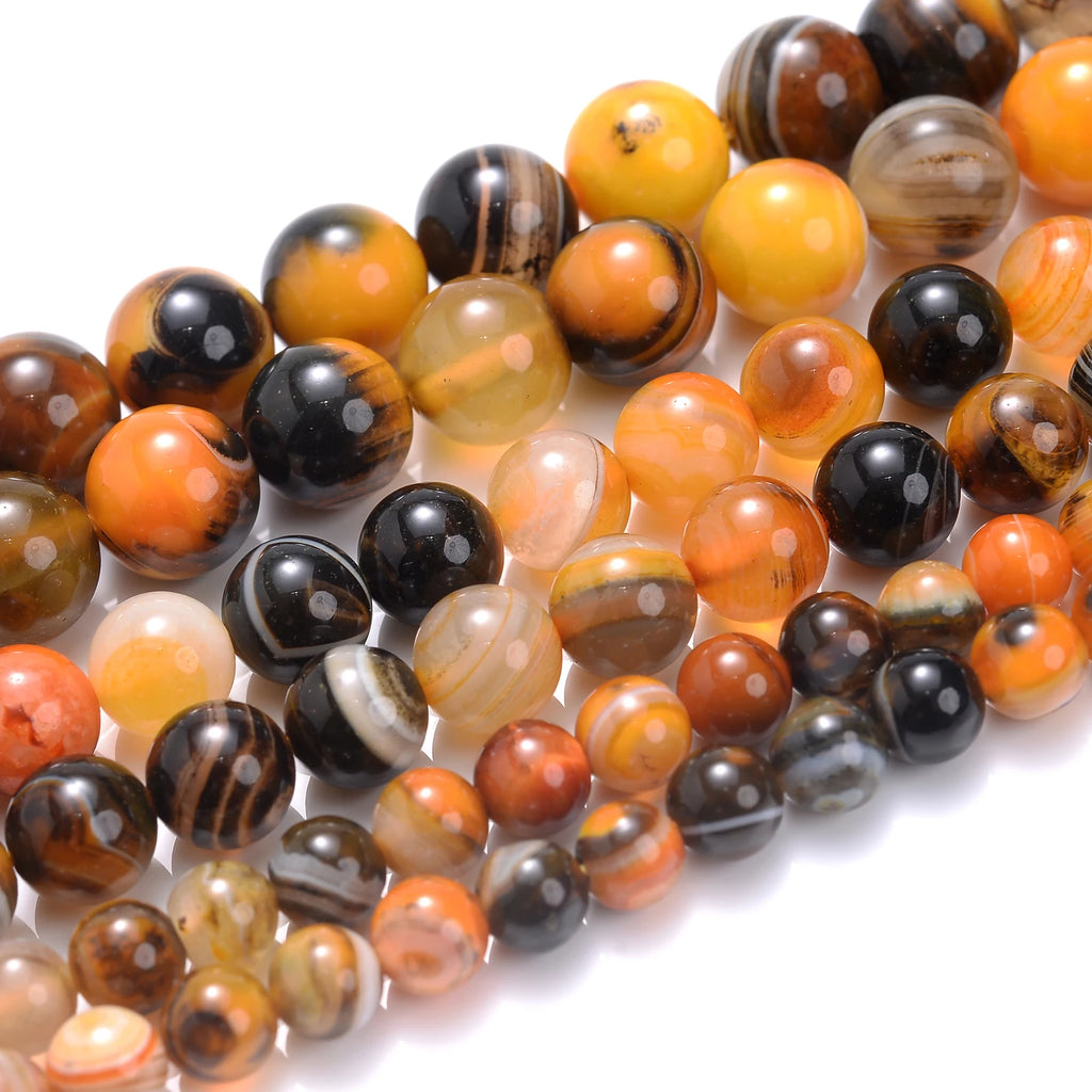 Natural Stone Beads Black Orange Agates Round Spacer Bead For Jewelry Making DIY Bracelet Necklace Handmade Accessories 6 8 10MM