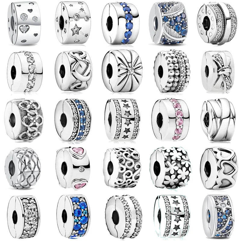 Silver CZ Pave Clip Charms Daisy Beads Stopper Safety Chain Fit Original Pandora Bracelet Jewelry Clip