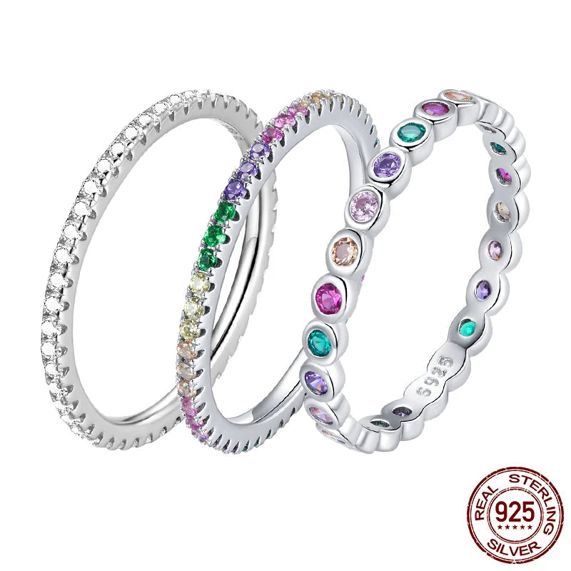 BAMOER 925 Sterling Silver Rainbow Zircon Finger Ring for Women Trendy Fashion Dazzling CZ Stone Anillos Jewelry Gift SCR714