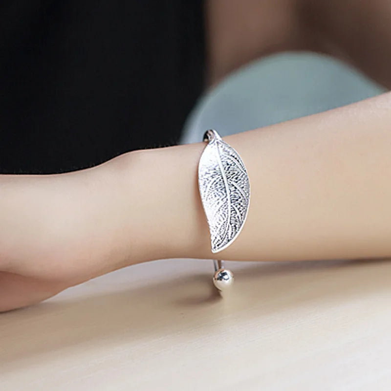 925 Sterling Silver Woman Cuff Bracelet Open Leaf Shaped Adjustable Charm Bangle Bracelets Luxury Party Jewelry Gifts
