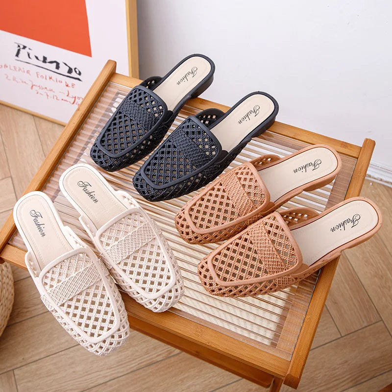 36-41 Women Summer Shoes Hollow Out Beach Sandals Closed Toe Flip Flops Flats Anti-slip Bathroom Breathable Footwear y1
