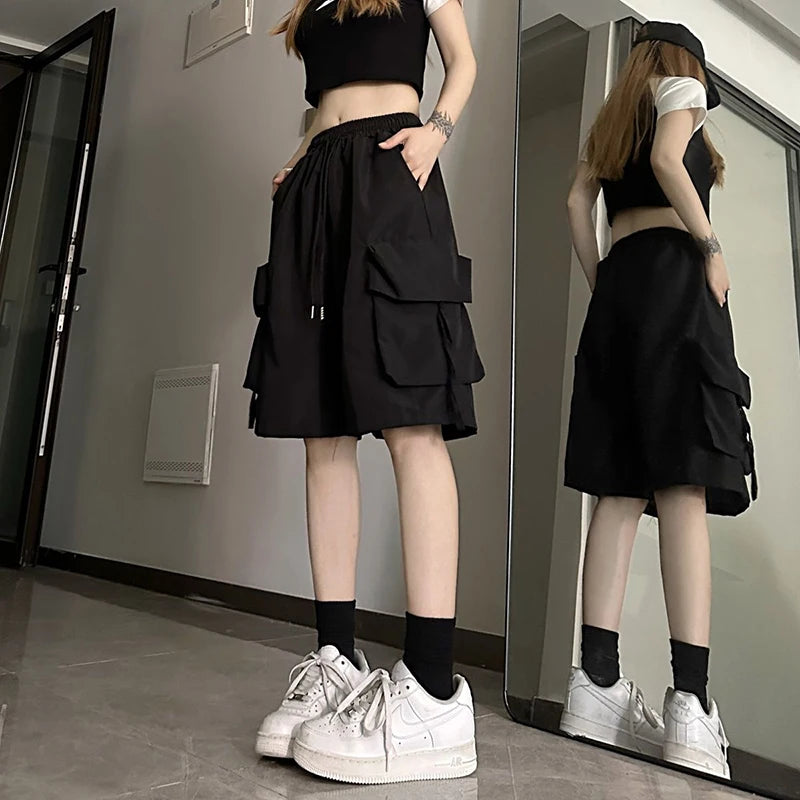 High Waist Cargo Shorts American Style Streetwear Summer Wide Leg Pants Fashion Female Big Pocket Loose Shorts New