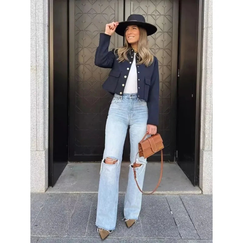 Aviator Black Jacket Wool & Blends Coats Cropped Bomber Jacket  Autumn Winter Demi-season Crop Jacket Outerwears