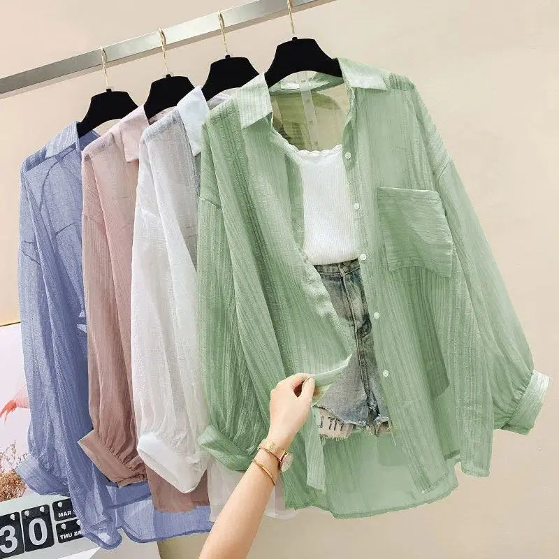 Summer cover up Shirt Elegant Perspective Thin Chiffon Blouse Korean Harajuku See Through Loose Top Casual Women's Cardigan