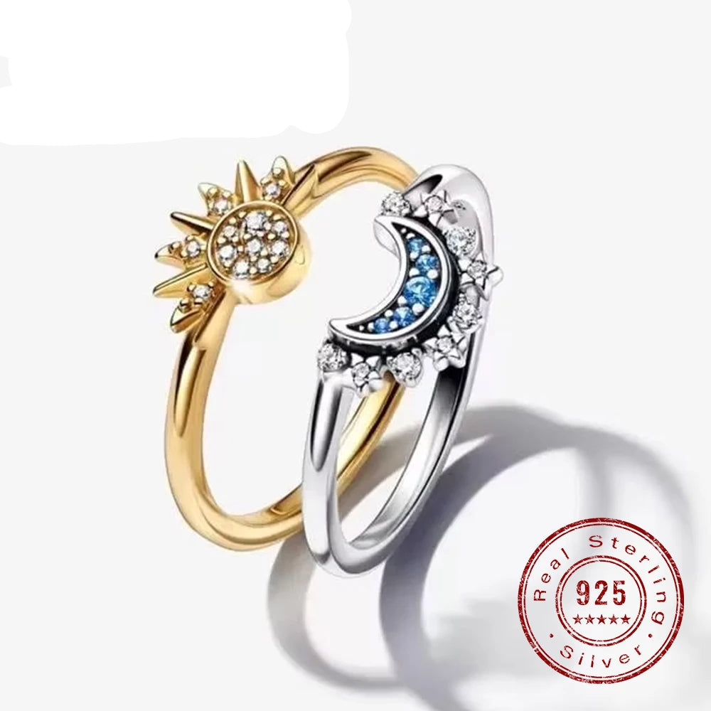 925 Silver Sun and Moon  Couple Ring Set Sky Blue Sparkling Cubic Zirconia Rings Promise Fine Jewelry Gifts for Valentines Day