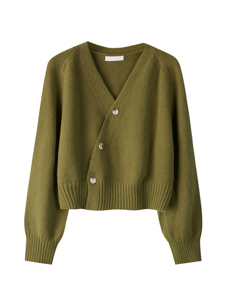 Skew Button Cardigan V-neck Sweater Women Knitted Long Sleeve Tops Korean Loose Solid Cashmere Sweater for Woman
