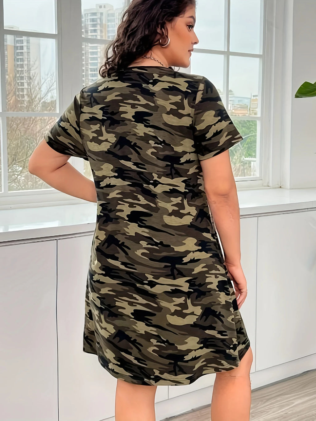 Plus Size Women Casual Dress Summer Comfortable short sleeve simple Female Dress Camouflage Print Holiday Theme Dress