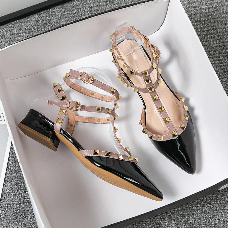 high-heeled women's sandals Fashion brand design pointed rivet red casual shoes Large size 41-43
