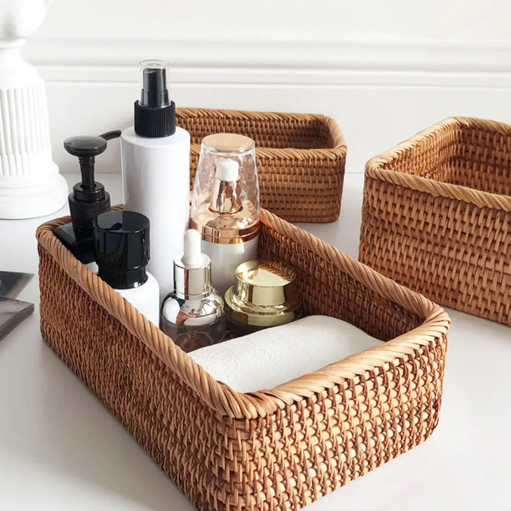 Rattan Wicker Basket Fruit Snacks Tray Bread Hand-knitted Box Portable Picnic Storage Box