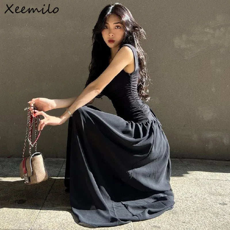 Long Dresses Sexy Women Ruched Bodycon Solid Maxi Dress Spring Y2K Summer Temperament High-waist Vestidos