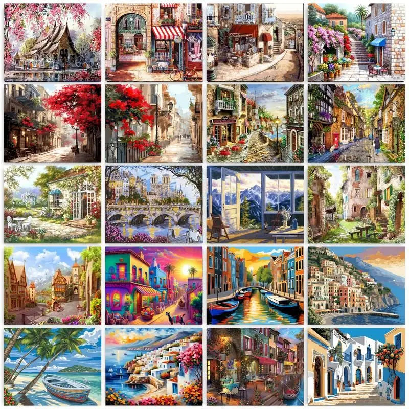 GATYZTORY Oil Painting By Numbers For Adults Small Town Drawing Picture Paint With Numbers For Adults Diy Crafts Home Art Decor