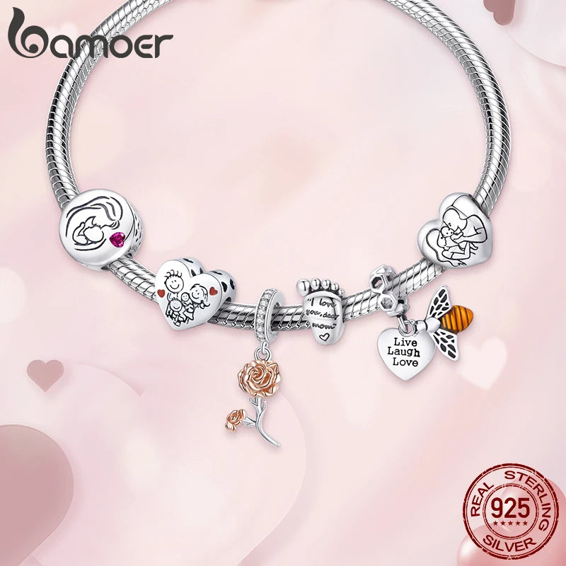925 Sterling Silver Family Maternal Love Charm Baby Feet Bead Mom Heart Pendant for Original Bracelet Bangle DIY Jewelry