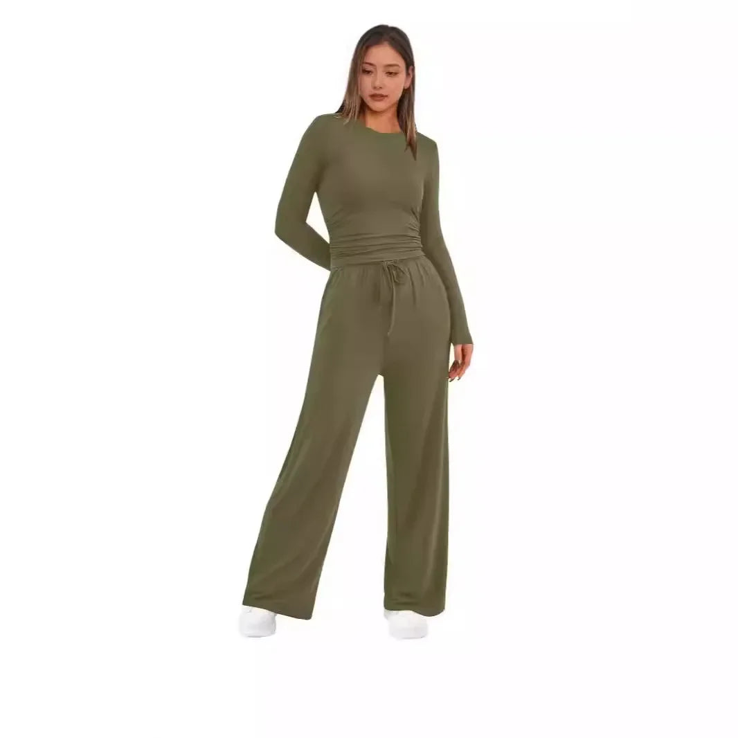 Casual Suit 2 Piece set Trousers Long Sleeve Top Waist Pleated Design European And American Cross-Border Selling On Amazo