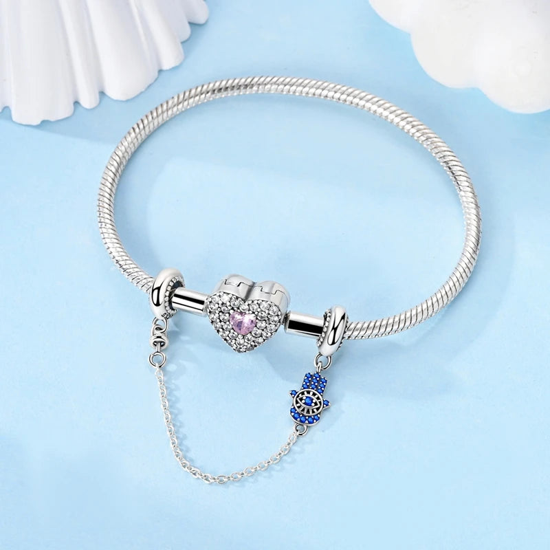 Silver CZ Clip Charms Silver Clasp Stopper Clip Safety Chain Fit Bangle Bracelet Jewelry Gift