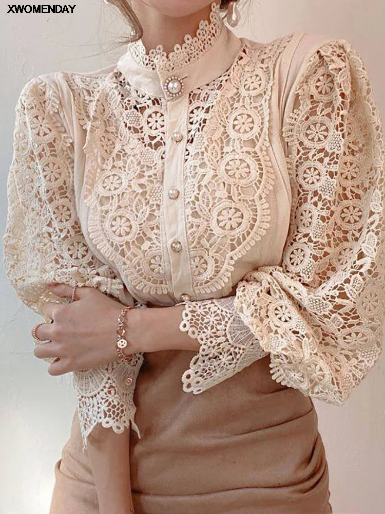Women Chiffon lace Button Turtleneck Shirt Chic Elegant Floral Fluffy Long Sleeve Top Fashion Hollow Oversize White Blouse 2024