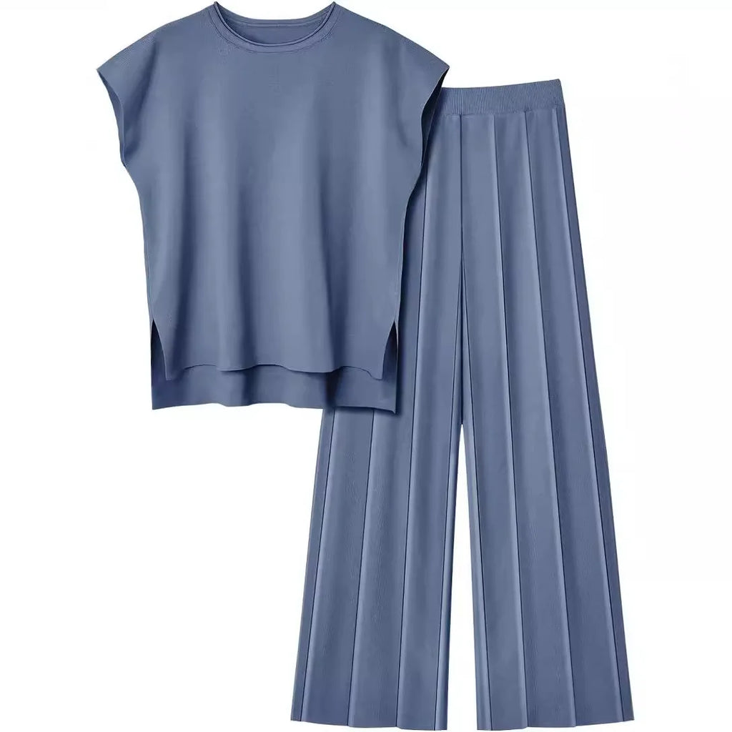 Casual Suit, Elegant Sleeveless Vest Sweater  Wide-leg Pants Two-piece Set Top T shirt