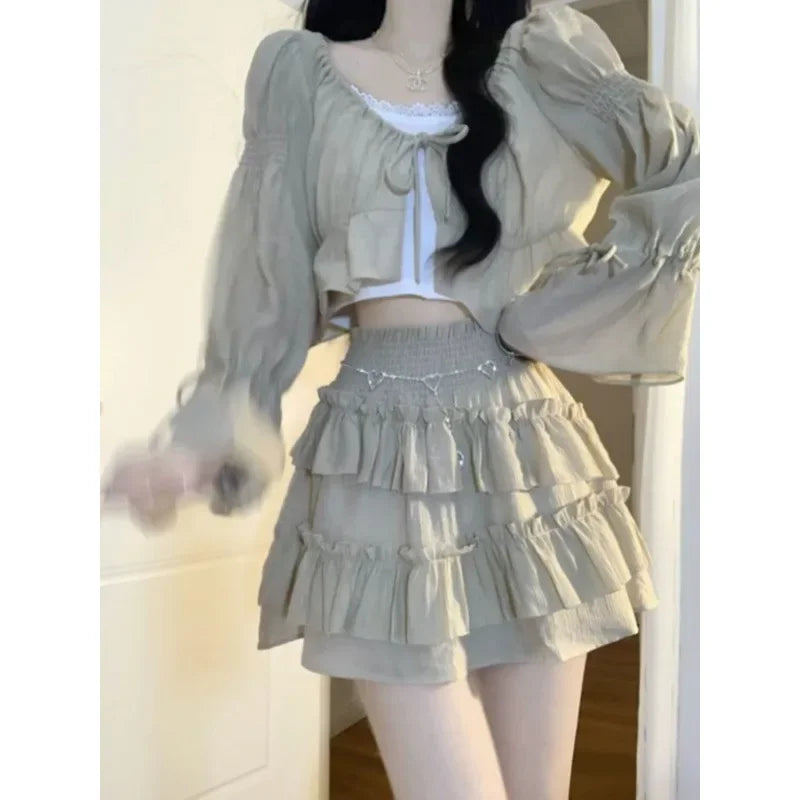 Cropped Top Cake Skirt Three-Piece Set Autumn New Arrival Tankvest Flower Edge Dress In China