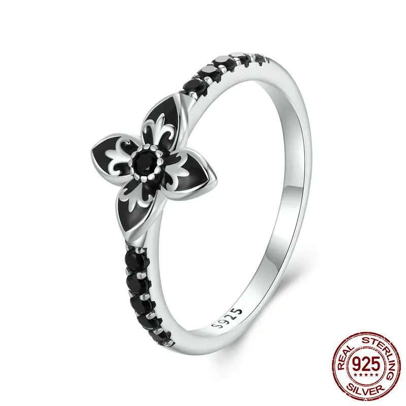 BAMOER Genuine 925 Sterling Silver Nightfall Flower Finger Ring for Women Luxury Silver Ring Fine Jewelry Birthday Gift