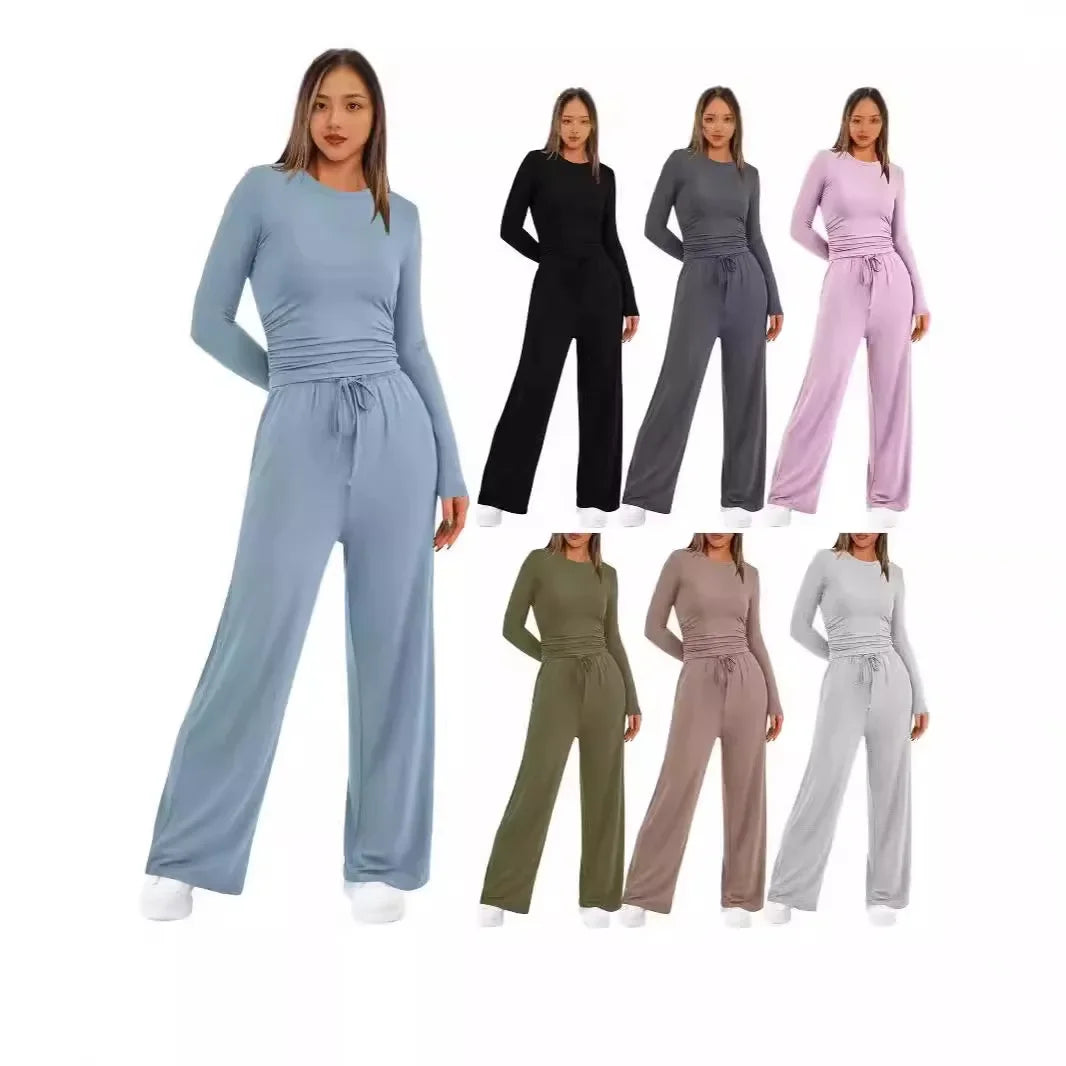 Casual Suit 2 Piece set Trousers Long Sleeve Top Waist Pleated Design European And American Cross-Border Selling On Amazo
