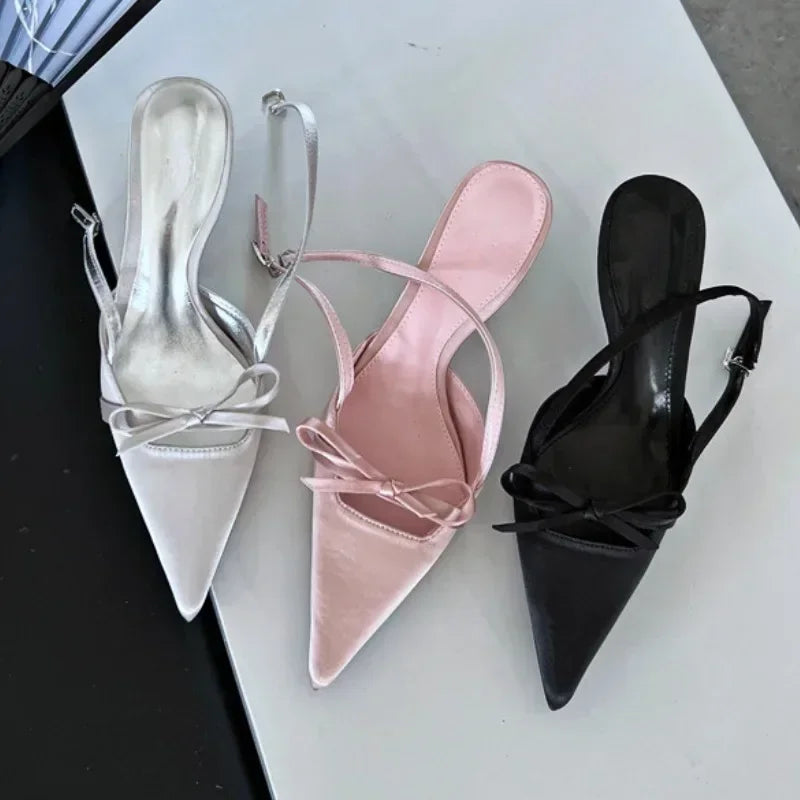 Satin Pointed Toe High Heeled Sandals Women Summer New Sexy Thin Heels Slingback Shoes Bow Elegant Party Dress Shoes Women Pumps