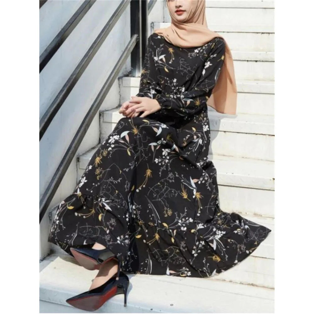 Casual Dress Women Bohemian Long Sleeve Woman Muslim Maxi Leopard Floral