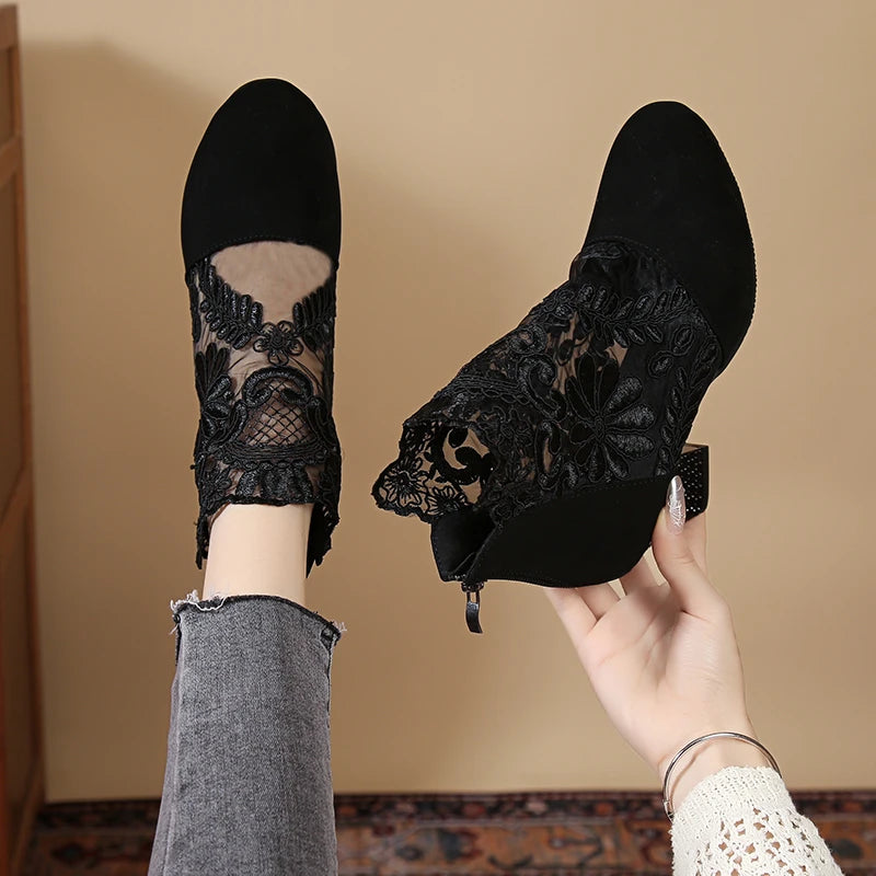 Women's Shoes Zipper Fashion Women's Sandals Flower Decoration Office Shoes Boot Pointed-toe Ankle Sandals Zapatos