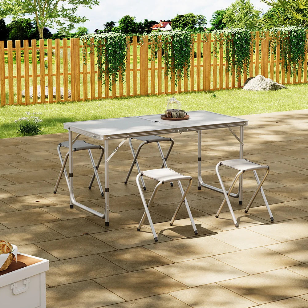 White Foldable Portable Picnic Table with 4 Stools