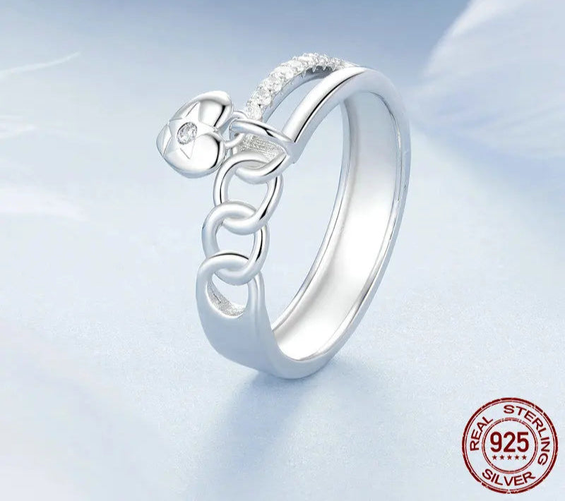 BAMOER 925 Sterling Silver Double-layer Ring with Heart, 2024 New Chic Chain Band Ring Jewelry Gift for Women Girl BSR572