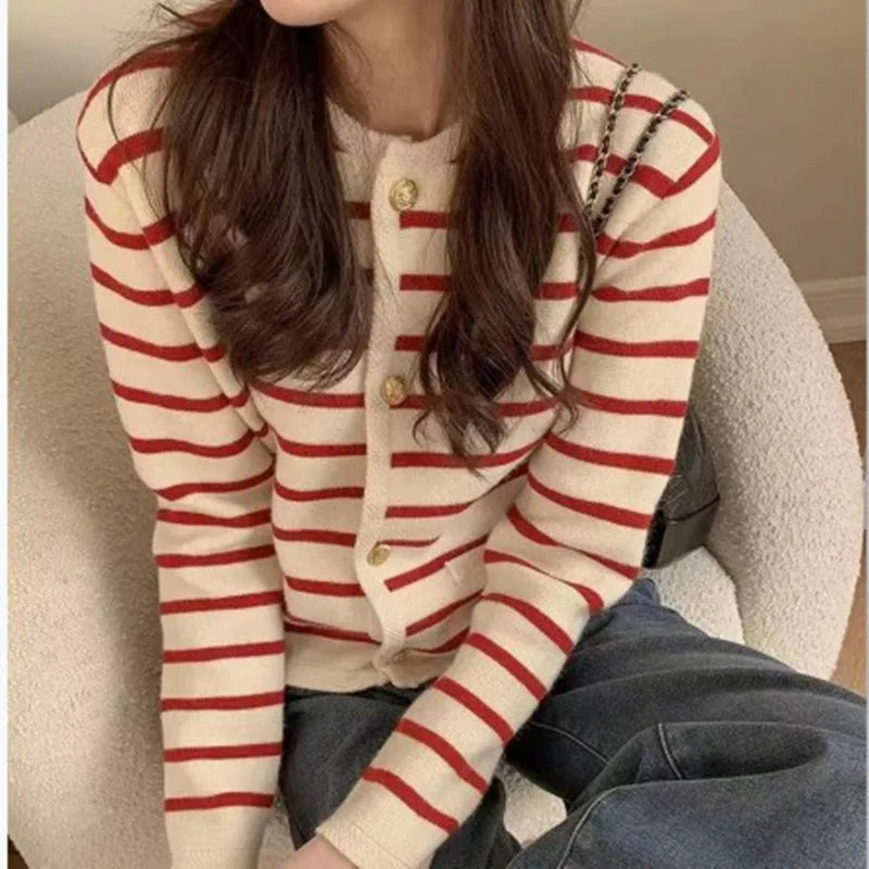 Striped Knitted Cardigans Spring Autumn O-neck Single Breasted Long Sleeve Crop Tops Fashion Casual Chic Female Sweaters