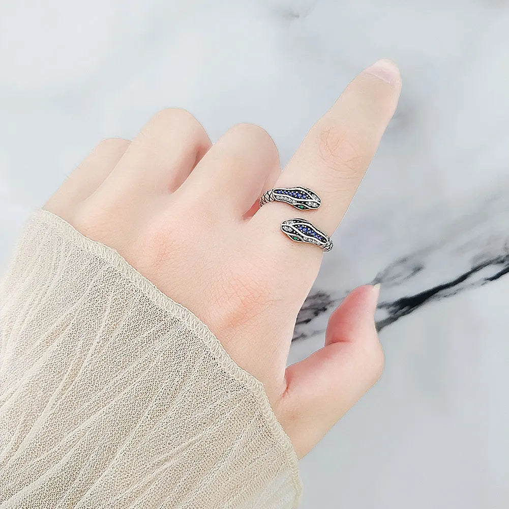 925 Sterling Silver Rings For Women Snake Shape Green Eye Simple Trendy Retro Open CZ Anillos Party Gifts Accessories