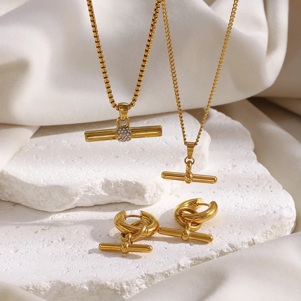 Stainless Steel T-Bar Pendant Necklace Earrings Waterproof 18K Gold Plated Jewelry Women's Earrings Necklace