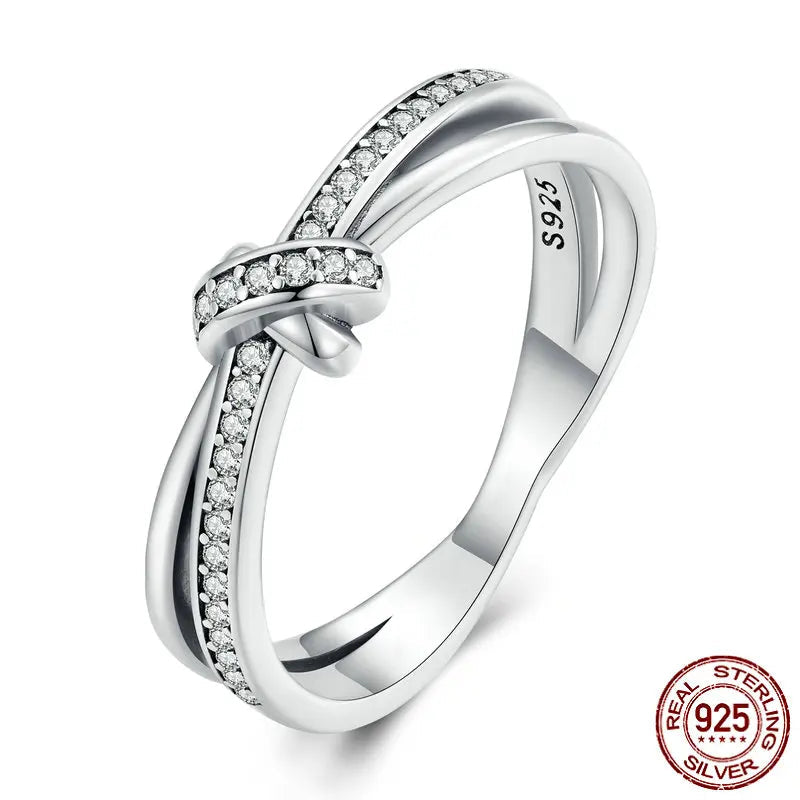Bamoer Real 925 Sterling Silver Vintage Knot Band Rings For Women Retro Clear CZ Wedding Ring Bezel Fine Jewelry Gift Making