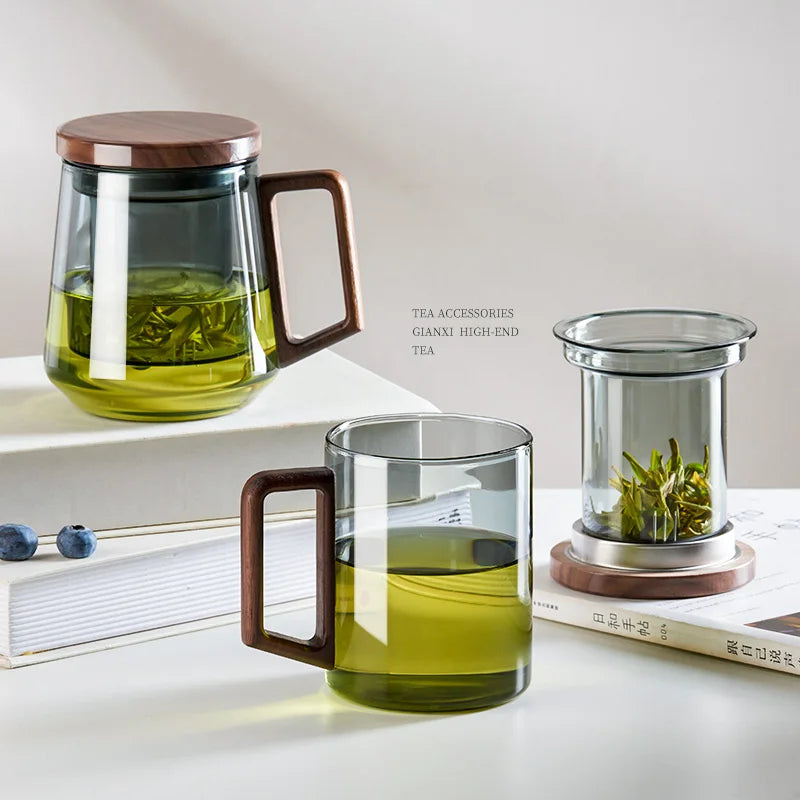 Glass Tea Cup With Wood Handle Chinese Heat Resistant Puer Filter Cups High Quality And Convenient Kung Fu Tea Cup Set