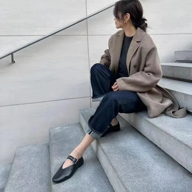 Womens Mary Jane Shoes Black Leather Vintage Flats Woman Fashion Belt Buckle Round Toe Ballet Flat Shoes