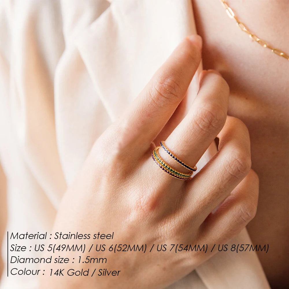 eManco Exquisite Gorgeous Birthstone Multi-Color Crystal Rings Stainless Steel PVD for Women Daily Party Festival Jewelry