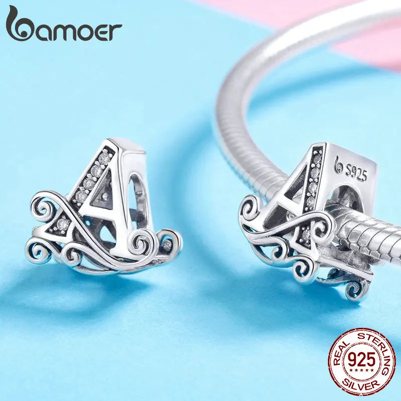Solid Sterling Silver Letter Vintage A to Z 26 Letter Charms Openwork CZ Alphabet Beads Fit Charm Bracelet BSC030