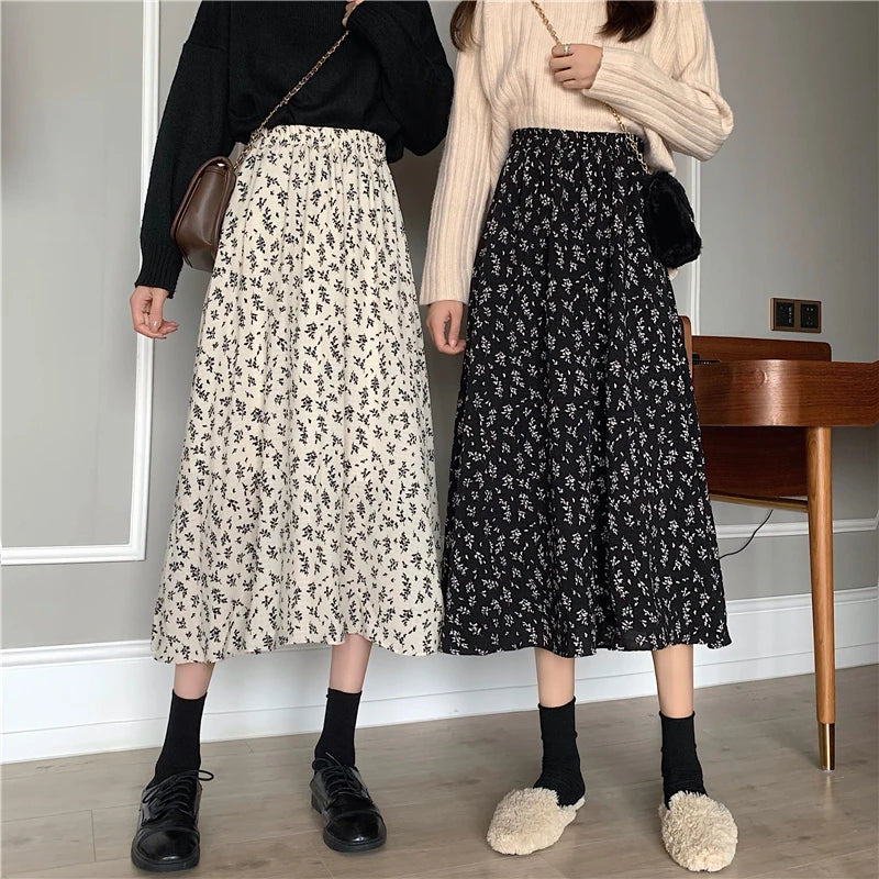 Vintage Floral Print A-line Pleated Long Skirts Summer Women Korean Skirt Streetwear Drawstring Elastic Waist Midi Skirt