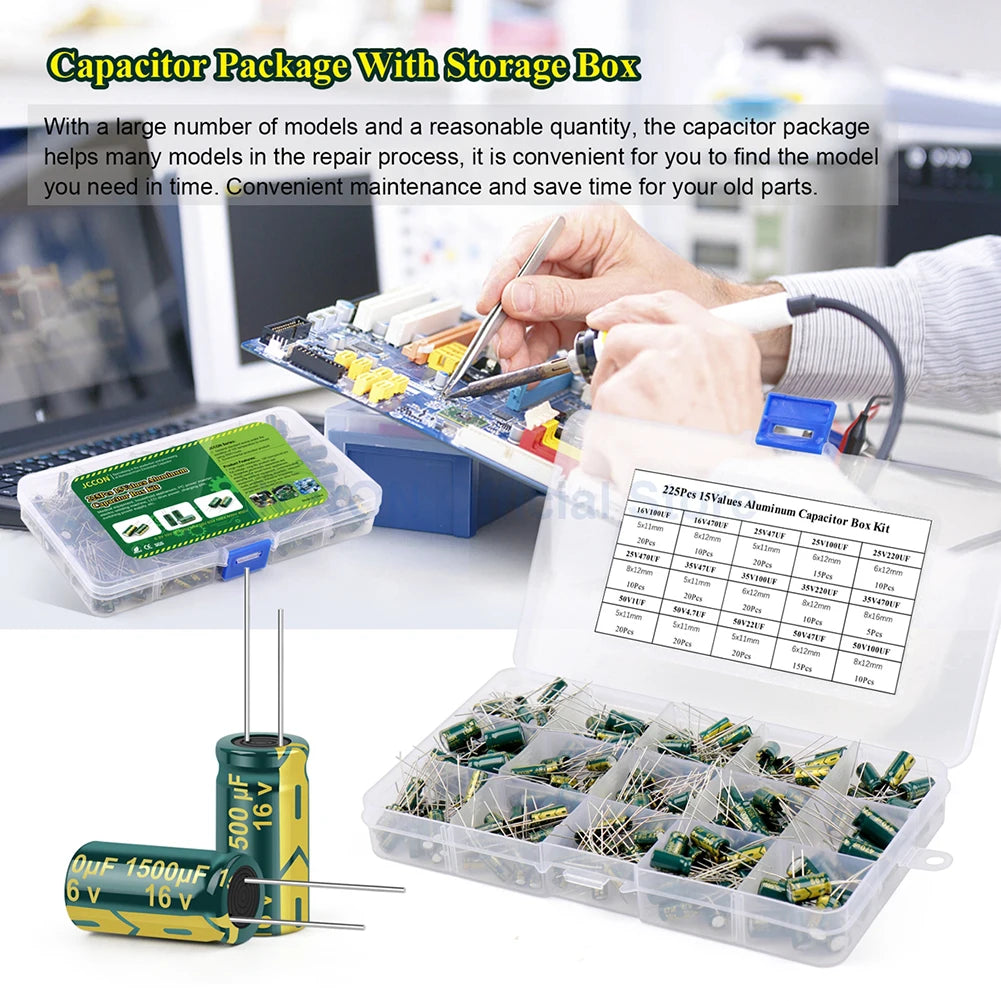 15/24/36 Values 225/460/925Pcs Aluminum Capacitors Set High Frequency Low ESR Aluminum Electrolytic Capacitor Assortment Box Kit