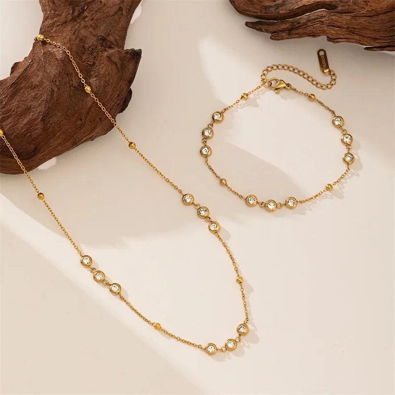 316L Stainless Steel Round Zirconia Necklace Bracelet Set Charm Metal Texture Gold Color Jewelry For Women Daily Wear
