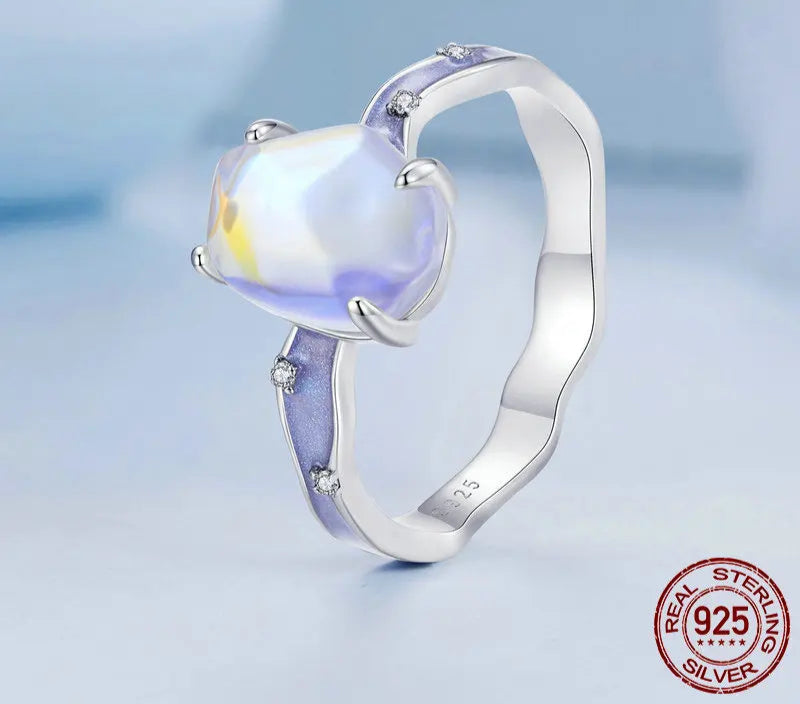 Bamoer Solid 925 Sterling Silver Purple Stone Aurora Ring Wave Band Ring for Women Party Fine Jewelry Gift