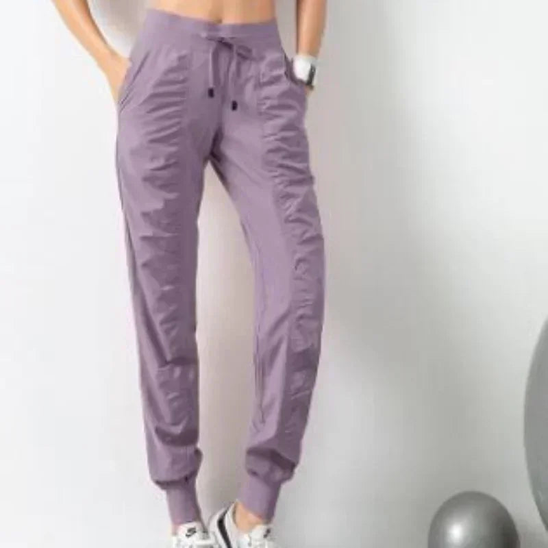 Fabric Drawstring Running Sport Joggers Women Quick Dry Athletic Gym Fitness Sweatpants with Side Pockets Leisure Exercise Pants