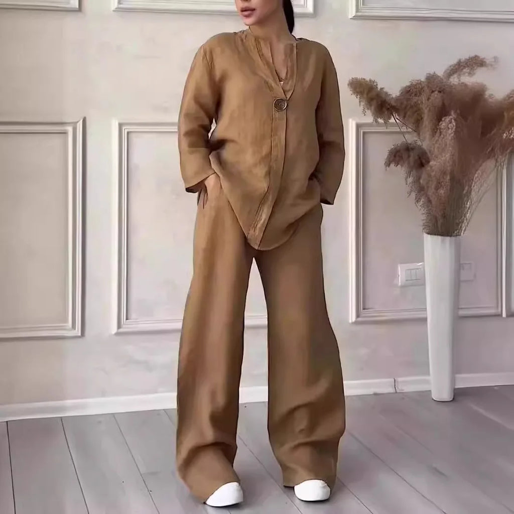 Cotton Linen Sets Two 2 Pieces Sale Casual Long Sleeve Button Loose Blouse Shirt&High Elastic Wide Leg Loose Pant Suits NMD-3021