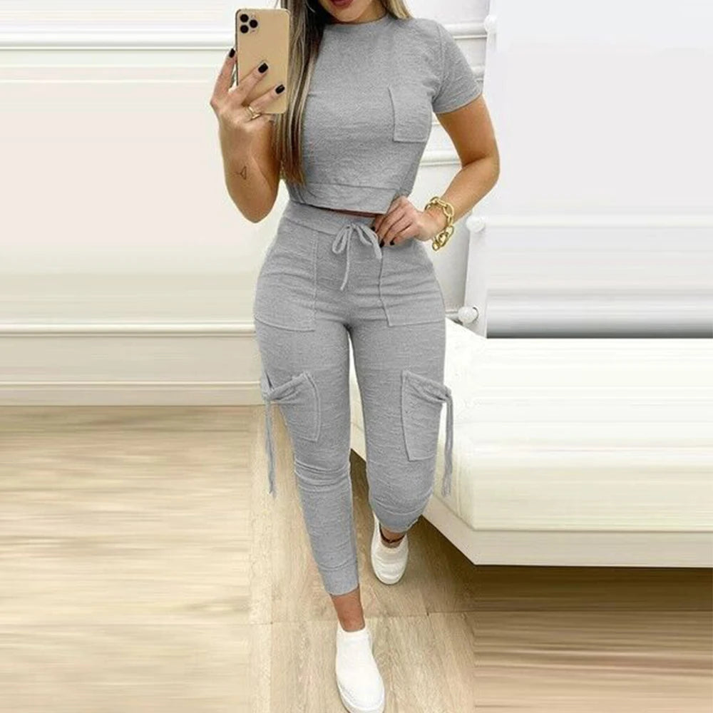 Sports Set for Women 2 Pieces Sports Suit Plus Size Fitness Running Short Sleeved Top Pants Solid Workout Training Wear Clothing