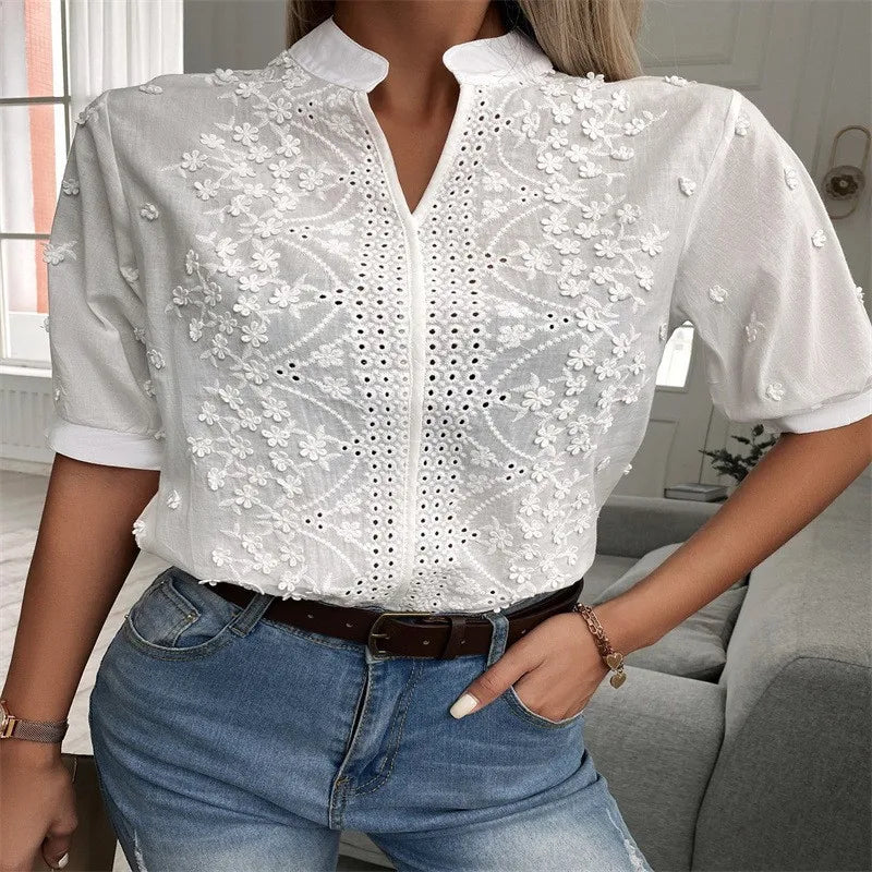 Short Sleeve White Shirt Vintage Applique broderie anglaise Tops Crochet Hollow Blouses For Women Fashion 2024 Cotton Female Clothing