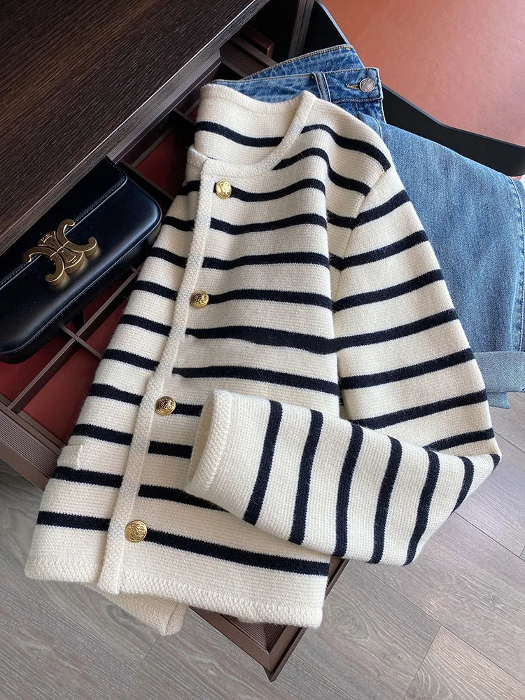 Striped Knitted Cardigans Spring Autumn O-neck Single Breasted Long Sleeve Crop Tops Fashion Casual Chic Female Sweaters