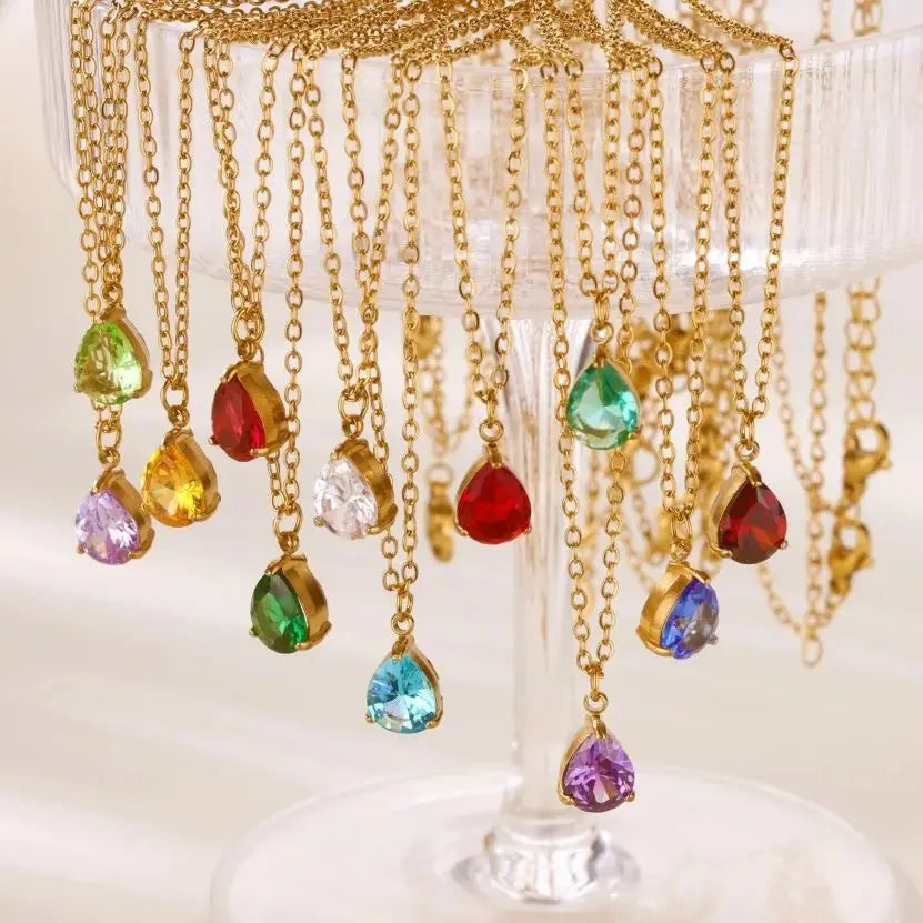Stainless Steel Teardrop Birthstone Necklaces For Women Gold Color Waterdrop Birthstone Necklace Minimalist Birthday Jewelry